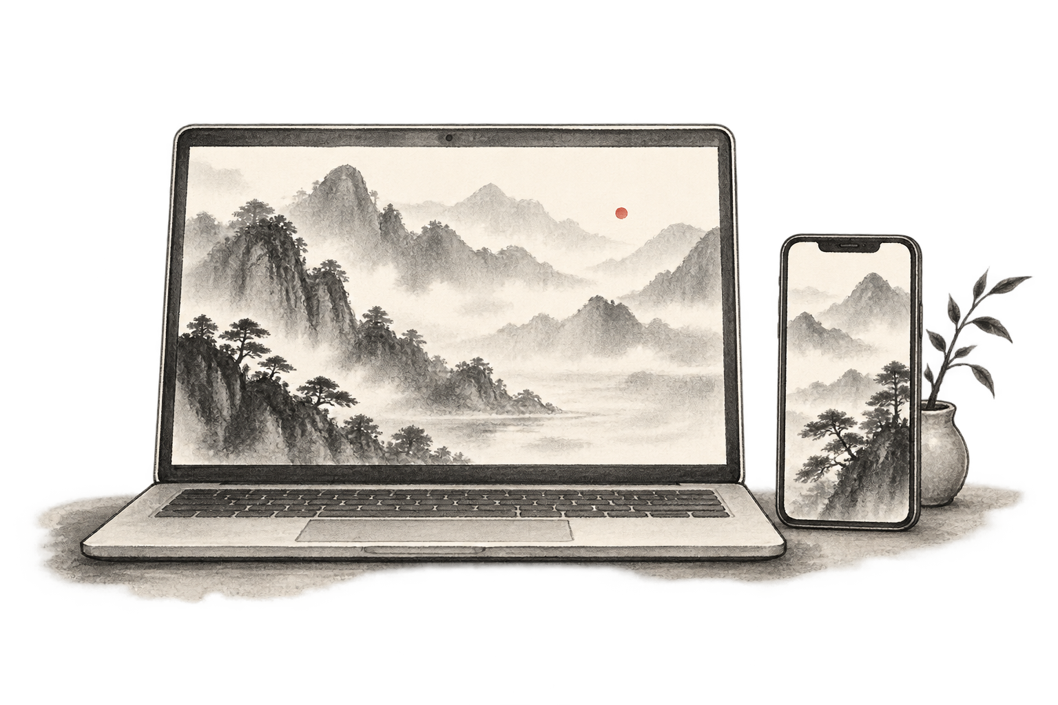 水墨插画：电脑与手机屏幕里的山水